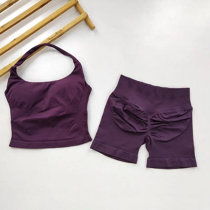 Yoga 2 Pieces Gym Set Backless Halter Tops High Waist Seamless Fitness Sports Bras Sportswear Workout Sets