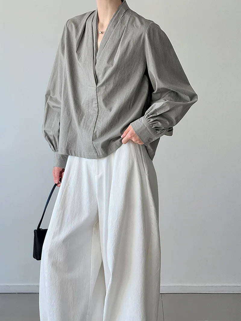 Women Casual Blouses V-Neck Puff Sleeve Office Blouses Fashion Shirts