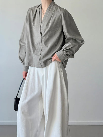 Women Casual Blouses V-Neck Puff Sleeve Office Blouses Fashion Shirts