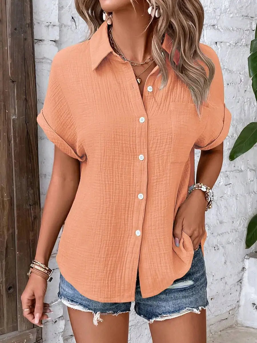Women Casual Cotton Blouse Vintage Short Sleeve Slim Shirt Elegant Turn Down Collar Solid Tunics Streetwear