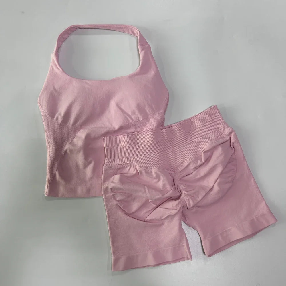 Yoga 2 Pieces Gym Set Backless Halter Tops High Waist Seamless Fitness Sports Bras Sportswear Workout Sets
