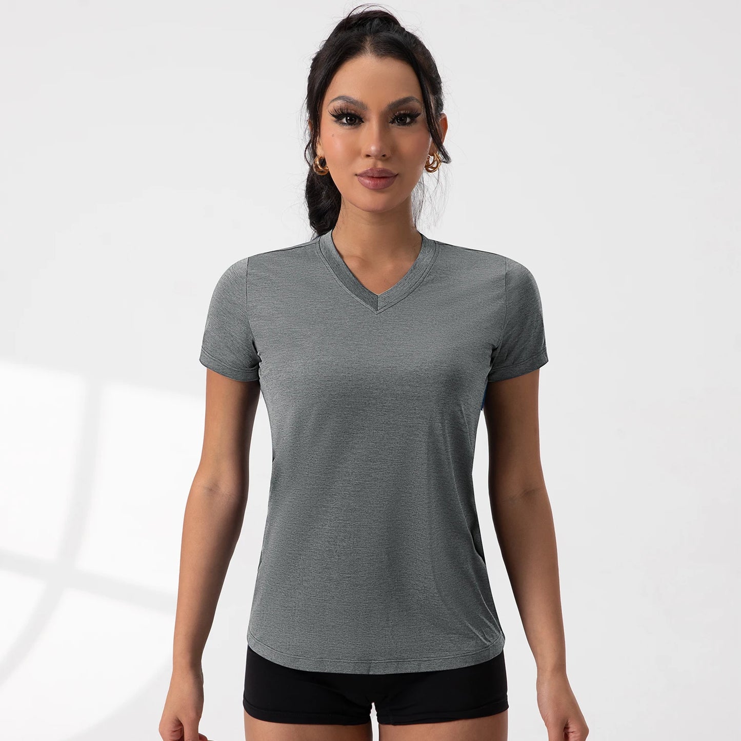 Yoga Shirts V-Neck Pleated Short Sleeve Sports Top Loose Solid Color Exercise Tee 5 Colors Gym Wear