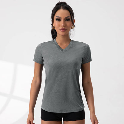 Yoga Shirts V-Neck Pleated Short Sleeve Sports Top Loose Solid Color Exercise Tee 5 Colors Gym Wear