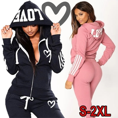 Fashion Women Hooded Jacket Casual Zipper Hoodies and Trousers  Two Piece Suits