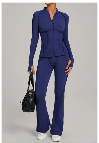 Gym Yoga Outfit Zipper Long Sleeve Fitness Suit Daily Casual Fitness Sportswear Two-Piece Sets