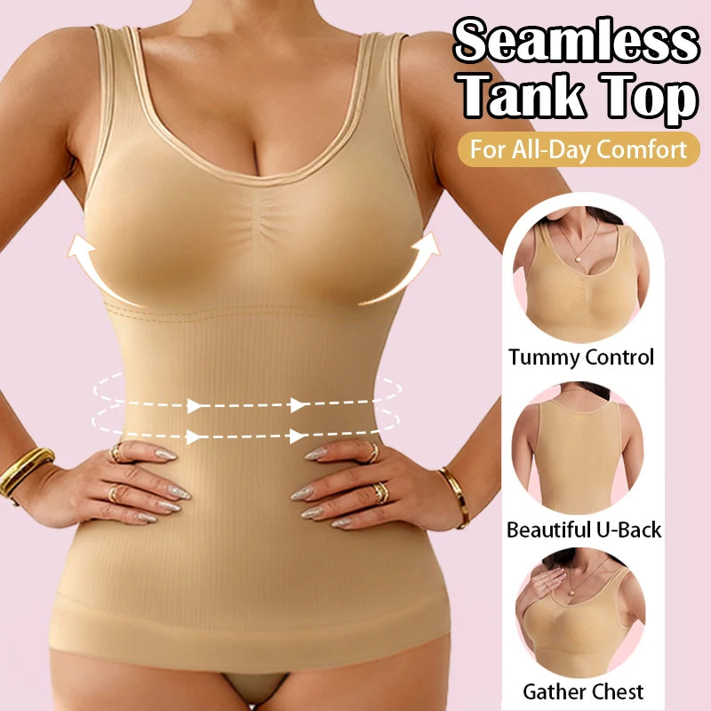 1pc Women Tummy Control Shapewear Classic 2-IN-1 With Padded Bra High Elastic Vest Body Shaper Up Lift Corset Cami Tank Tops