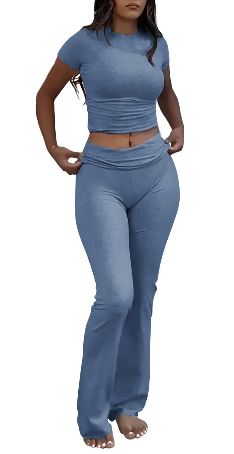 Casual Workout Two Piece Outfits Short Sleeve Crop High Waist Foldover Flare Pants Streetwear