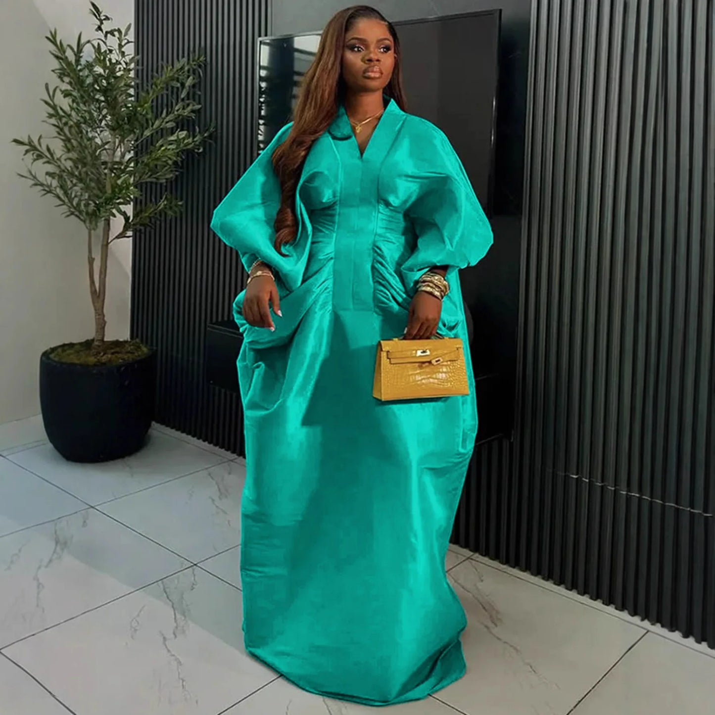 casual dresses loose V-neck long sleeved elegant party evening dresses pleated waist