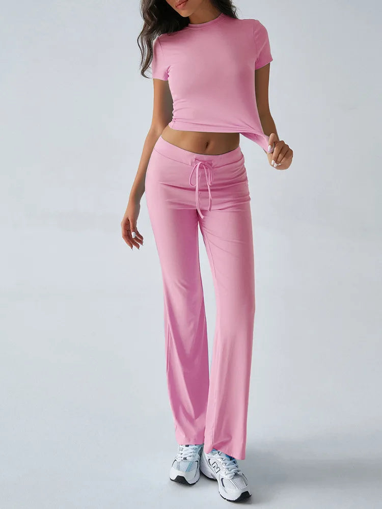 Women's Casual Lounge Set - Short Sleeve Top & Pants Two Piece, Home Wear Yoga Outfit