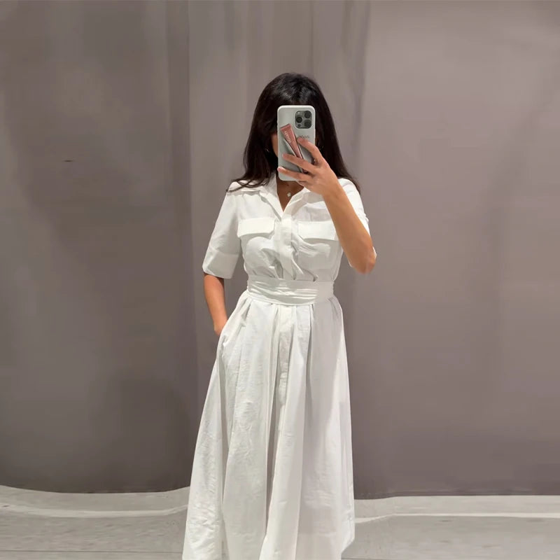 Casual Striped Women Summer Dress Lapel Single Breast Half Sleeve Slim Waist Long Dresses 2026 Autumn Lady Fashion Vacation Robe