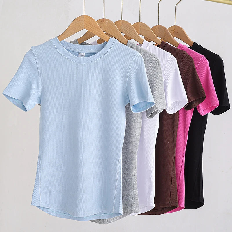 Women Yoga Tops Pilates Aerobic Clothes Tight Short Sleeve Workout Sport Fitness Gym T-shirt Slim Sportswear Blouse
