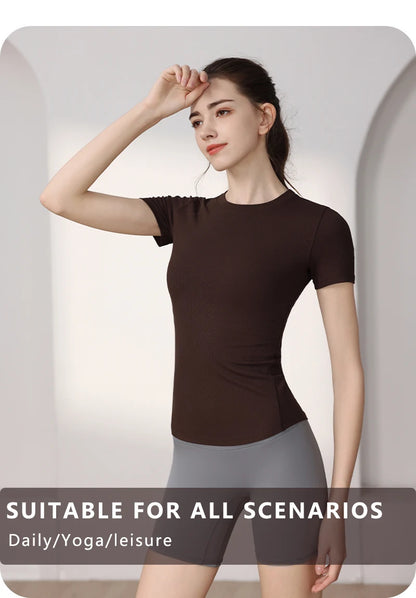 Women Yoga Tops Pilates Aerobic Clothes Tight Short Sleeve Workout Sport Fitness Gym T-shirt Slim Sportswear Blouse