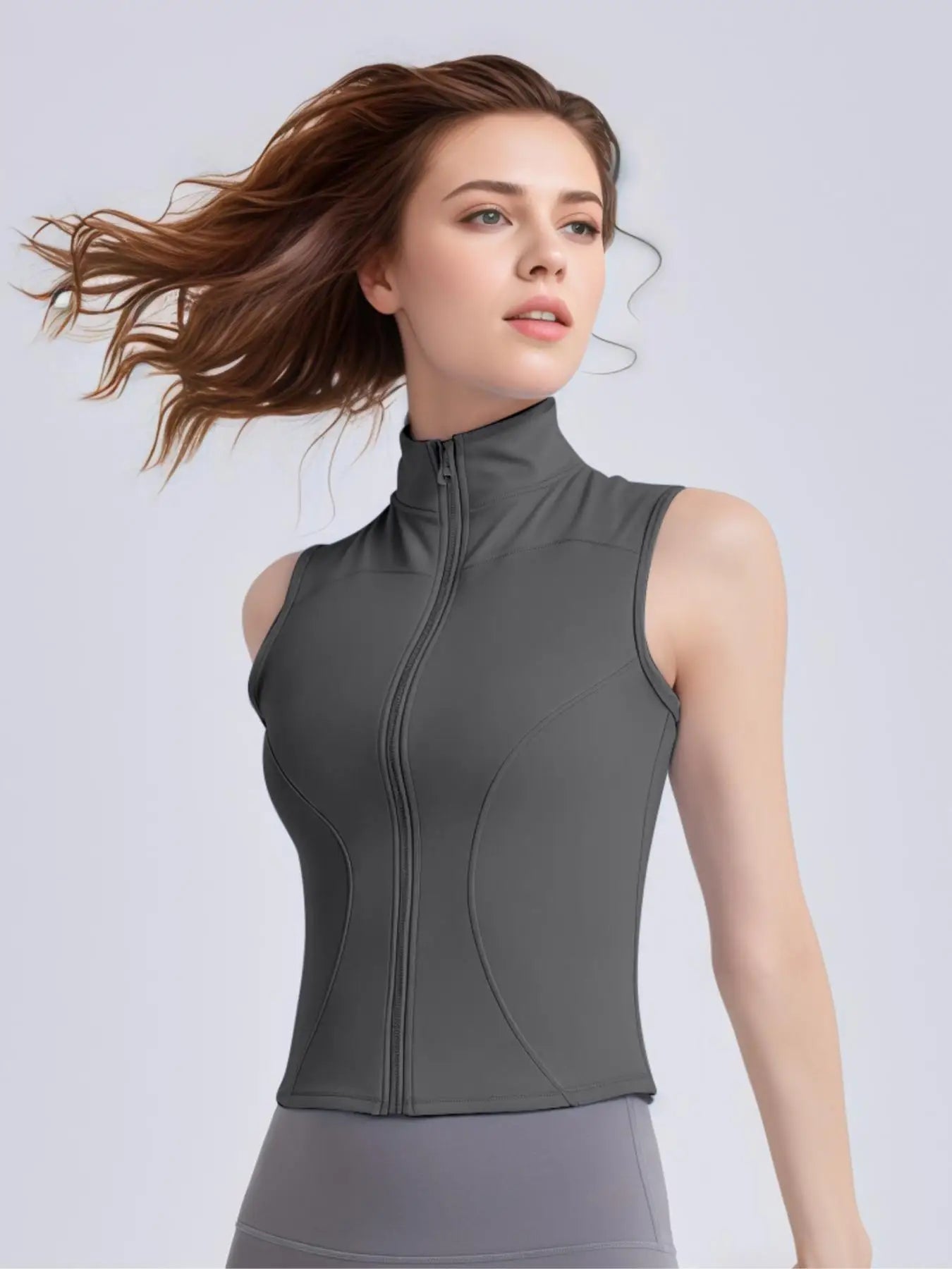 Solid Thumb Hole Design Sports Jacket, Sporty Zip Up Sleeveless Outerwear for Yoga Gym Workout,