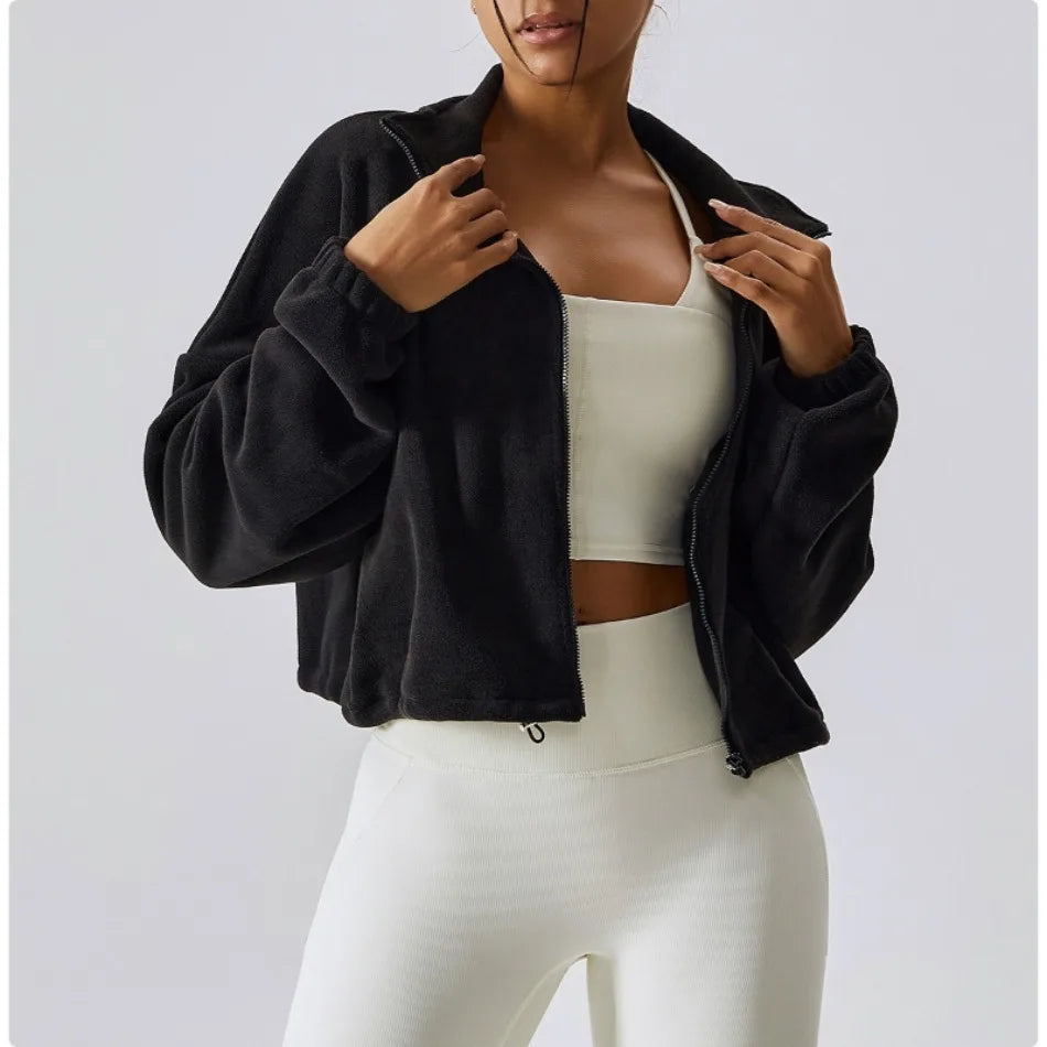 Women's Sports Coat Fleece-lined Warm Casual Loose Crop Tops Long Sleeve