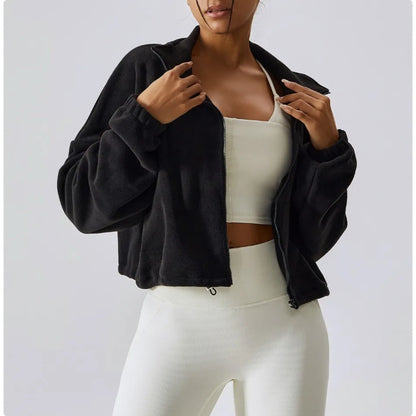Women's Sports Coat Fleece-lined Warm Casual Loose Crop Tops Long Sleeve
