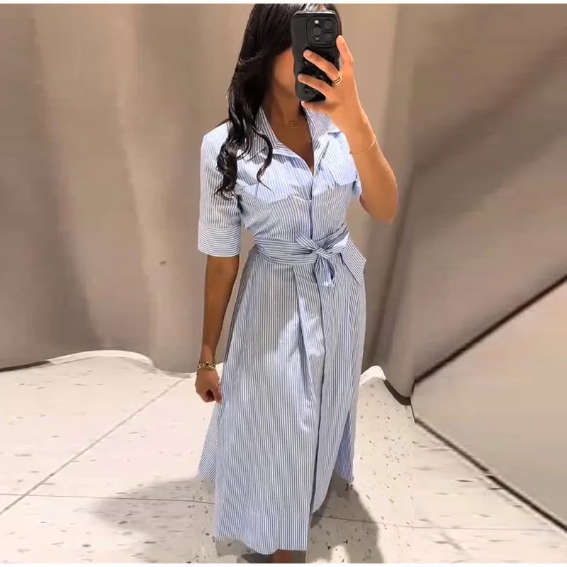 Casual Striped Women Summer Dress Lapel Single Breast Half Sleeve Slim Waist Long Dresses 2026 Autumn Lady Fashion Vacation Robe