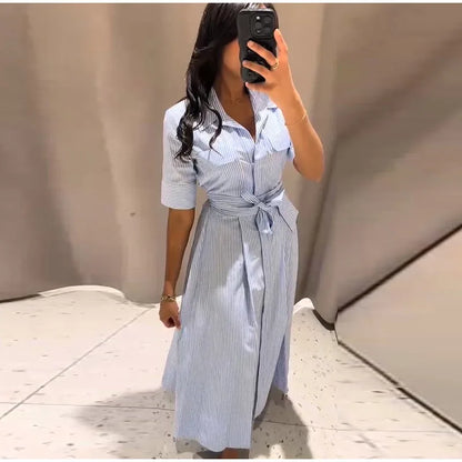 Casual Striped Women Summer Dress Lapel Single Breast Half Sleeve Slim Waist Long Dresses 2026 Autumn Lady Fashion Vacation Robe