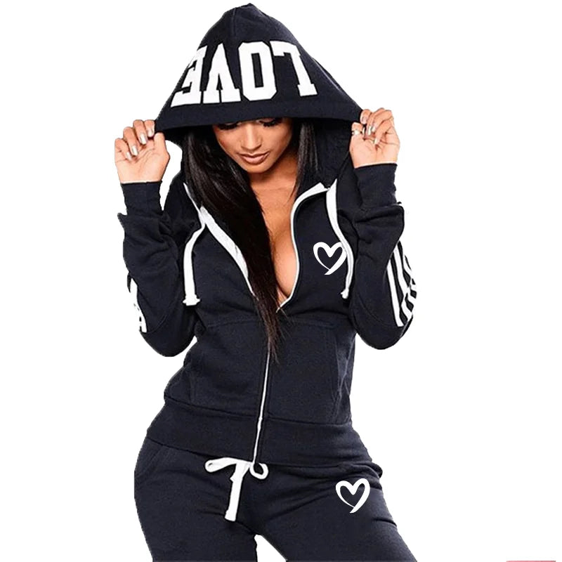 Fashion Women Hooded Jacket Casual Zipper Hoodies and Trousers  Two Piece Suits