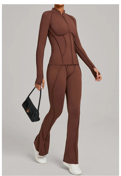 Gym Yoga Outfit Zipper Long Sleeve Fitness Suit Daily Casual Fitness Sportswear Two-Piece Sets