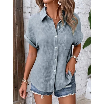 Women Casual Cotton Blouse Vintage Short Sleeve Slim Shirt Elegant Turn Down Collar Solid Tunics Streetwear