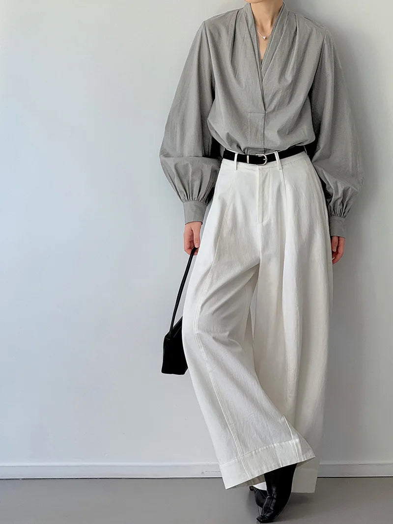 Women Casual Blouses V-Neck Puff Sleeve Office Blouses Fashion Shirts