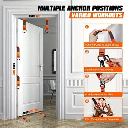 Home fitness equipment. A resistance band used for downward pressure and other exercises to shape your triceps, latissimus dorsi