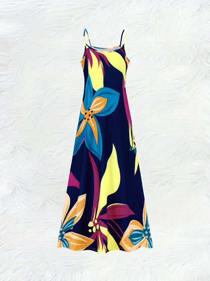 Casual Women Dress with Blue Yellow Gray Geometric Print A-Line Sleeveless Vest Dress Round Neck Summer Vacation Outfit