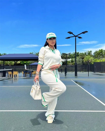 Active Wear Knitted Casual Tracksuit for Women Two Piece Set Sporty Fitness Striped Sweater Top and Wide Leg Pants Jogging Femme