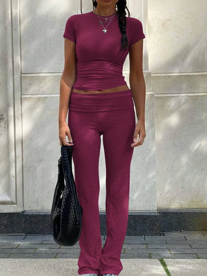 Casual Workout Two Piece Outfits Short Sleeve Crop High Waist Foldover Flare Pants Streetwear
