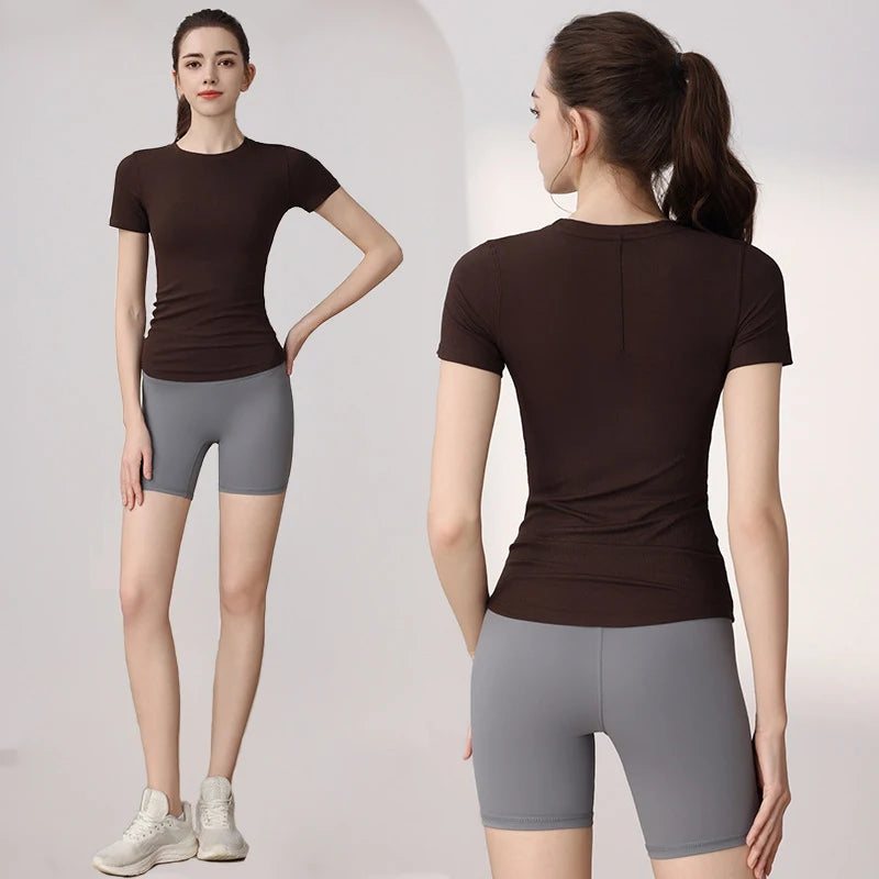 Women Yoga Tops Pilates Aerobic Clothes Tight Short Sleeve Workout Sport Fitness Gym T-shirt Slim Sportswear Blouse