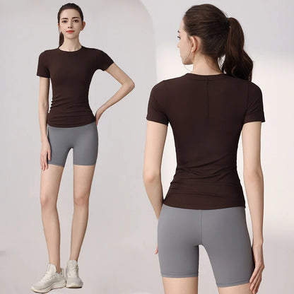Women Yoga Tops Pilates Aerobic Clothes Tight Short Sleeve Workout Sport Fitness Gym T-shirt Slim Sportswear Blouse