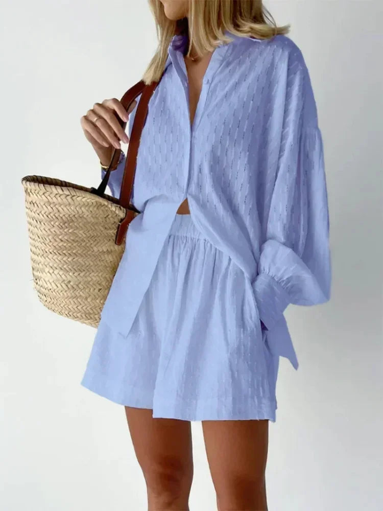 Casual Loose Women Short Two Piece Set Suit Fashion Blouse Long Sleeve Shirt Lady Simple Style Shorts Streetwear Blouse Tops