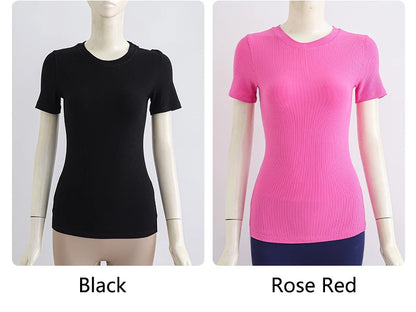 Women Yoga Tops Pilates Aerobic Clothes Tight Short Sleeve Workout Sport Fitness Gym T-shirt Slim Sportswear Blouse