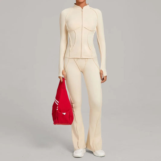 Gym Yoga Outfit Zipper Long Sleeve Fitness Suit Daily Casual Fitness Sportswear Two-Piece Sets