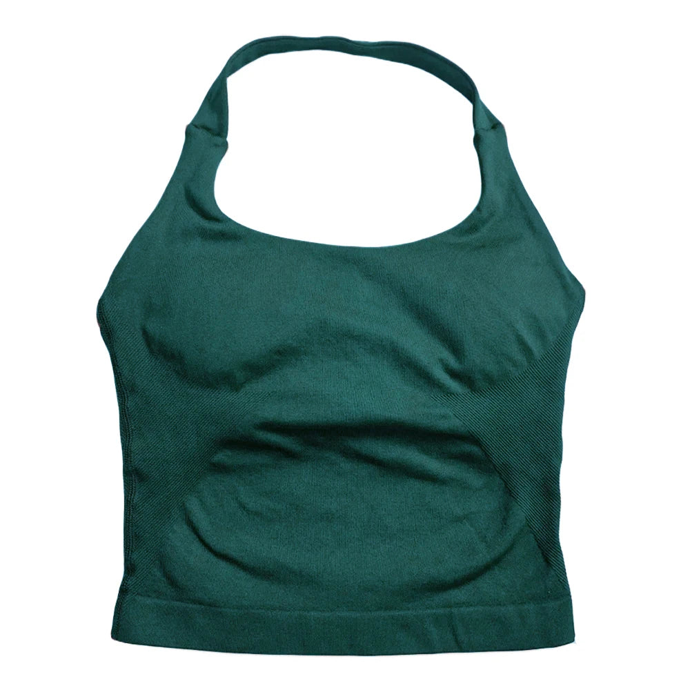 Strappy Workout Tank Top Padded Sports Bra Backless Yoga Shirts Seamless Gym Crop Top Halter