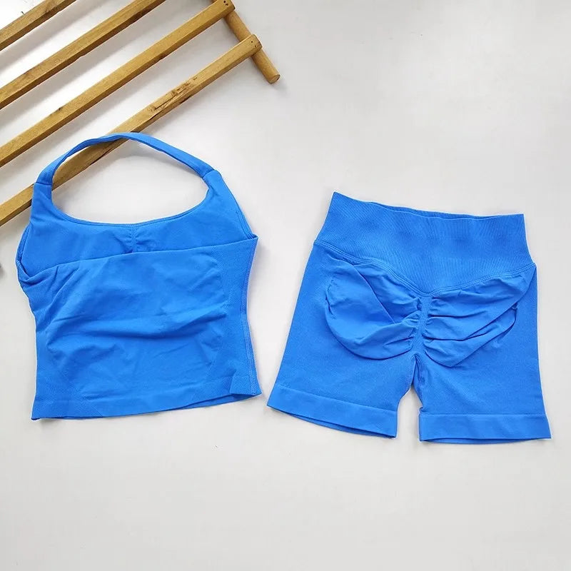 Yoga 2 Pieces Gym Set Backless Halter Tops High Waist Seamless Fitness Sports Bras Sportswear Workout Sets