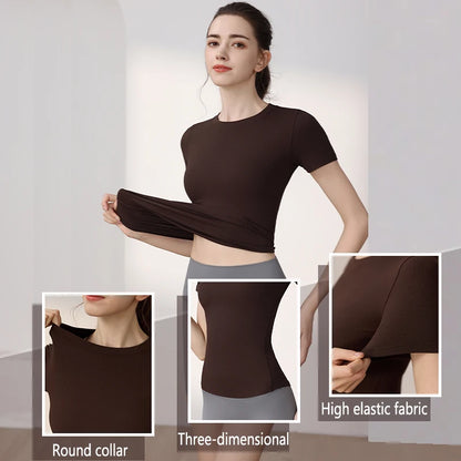 Women Yoga Tops Pilates Aerobic Clothes Tight Short Sleeve Workout Sport Fitness Gym T-shirt Slim Sportswear Blouse