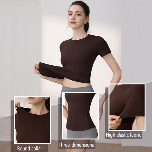 Women Yoga Tops Pilates Aerobic Clothes Tight Short Sleeve Workout Sport Fitness Gym T-shirt Slim Sportswear Blouse