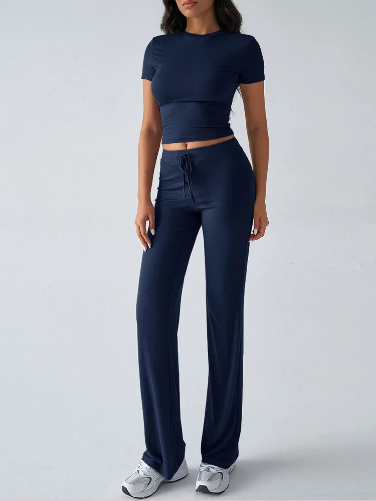 Women's Casual Lounge Set - Short Sleeve Top & Pants Two Piece, Home Wear Yoga Outfit