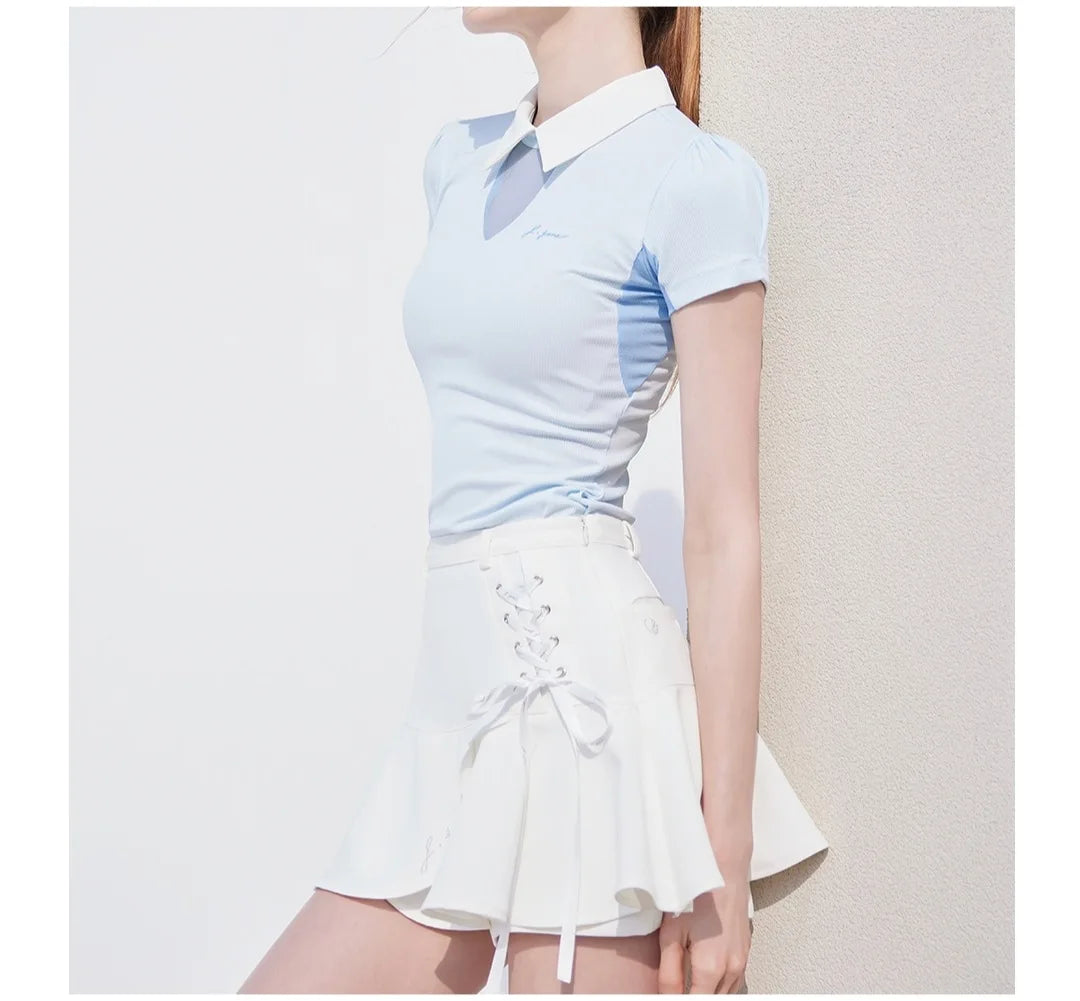 Short Sleeve Tops Golf T-shirts Quick-dry Breathable Shirts Lace Up Pleated Golf Skirt