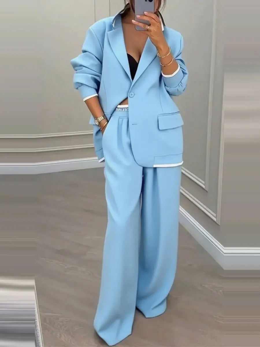 Casual Women's Suit Set  Sexy Turn down Collar Button Blazer & Straight-leg Pants Set Winter Solid Long Sleeve Chic Outfit