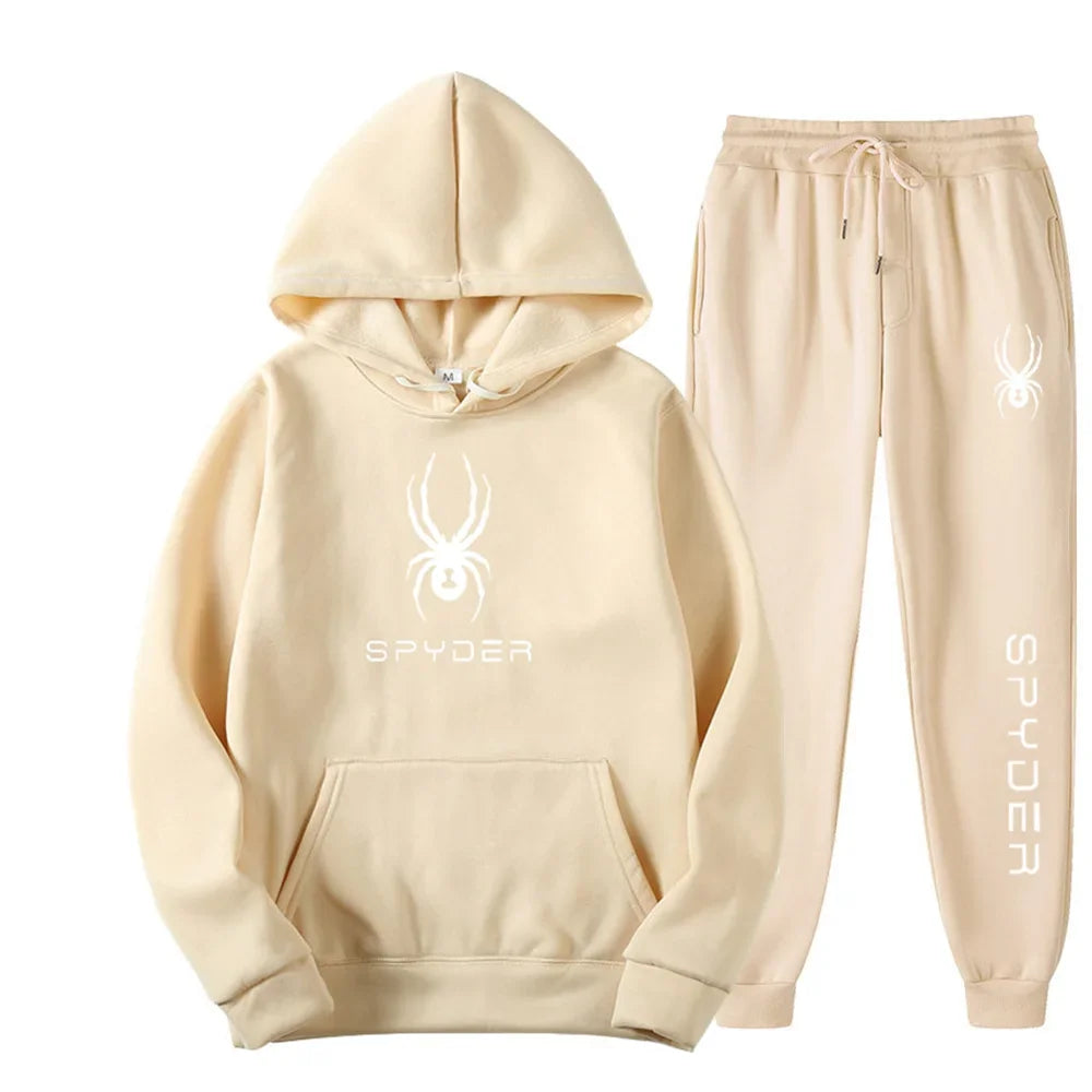 .A casual sports outfit consisting of a long-sleeved hooded t-shirt and elastic-waist pants.