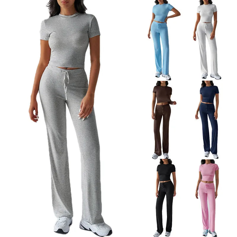 Women's Casual Lounge Set - Short Sleeve Top & Pants Two Piece, Home Wear Yoga Outfit