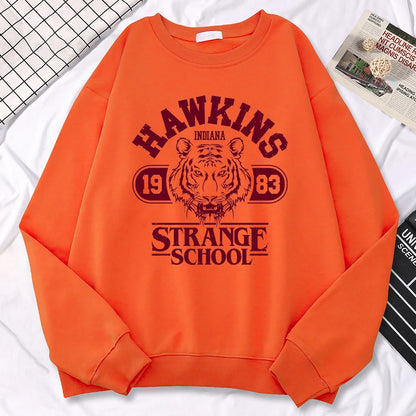 Casual Womens Sweatshirt Hawkins High School Indiana 1983 Printing Hoodies Loose Crewneck Pullovers Warm Fleece