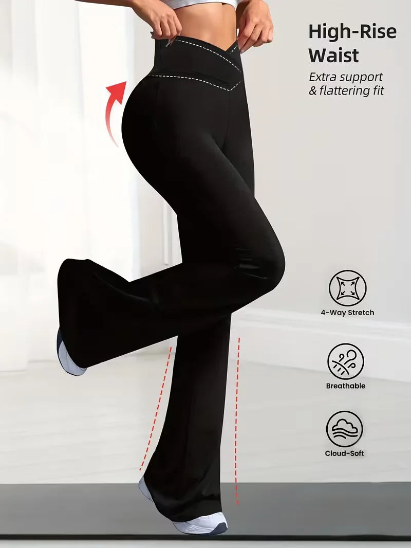 Women's elastic fitness pants, solid color high waist bell-bottoms with abdominal shaping design