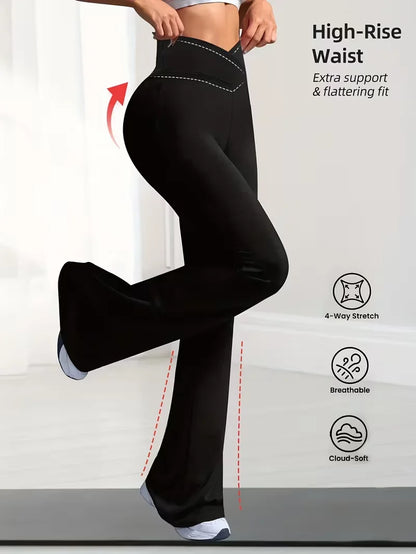 Women's elastic fitness pants, solid color high waist bell-bottoms with abdominal shaping design