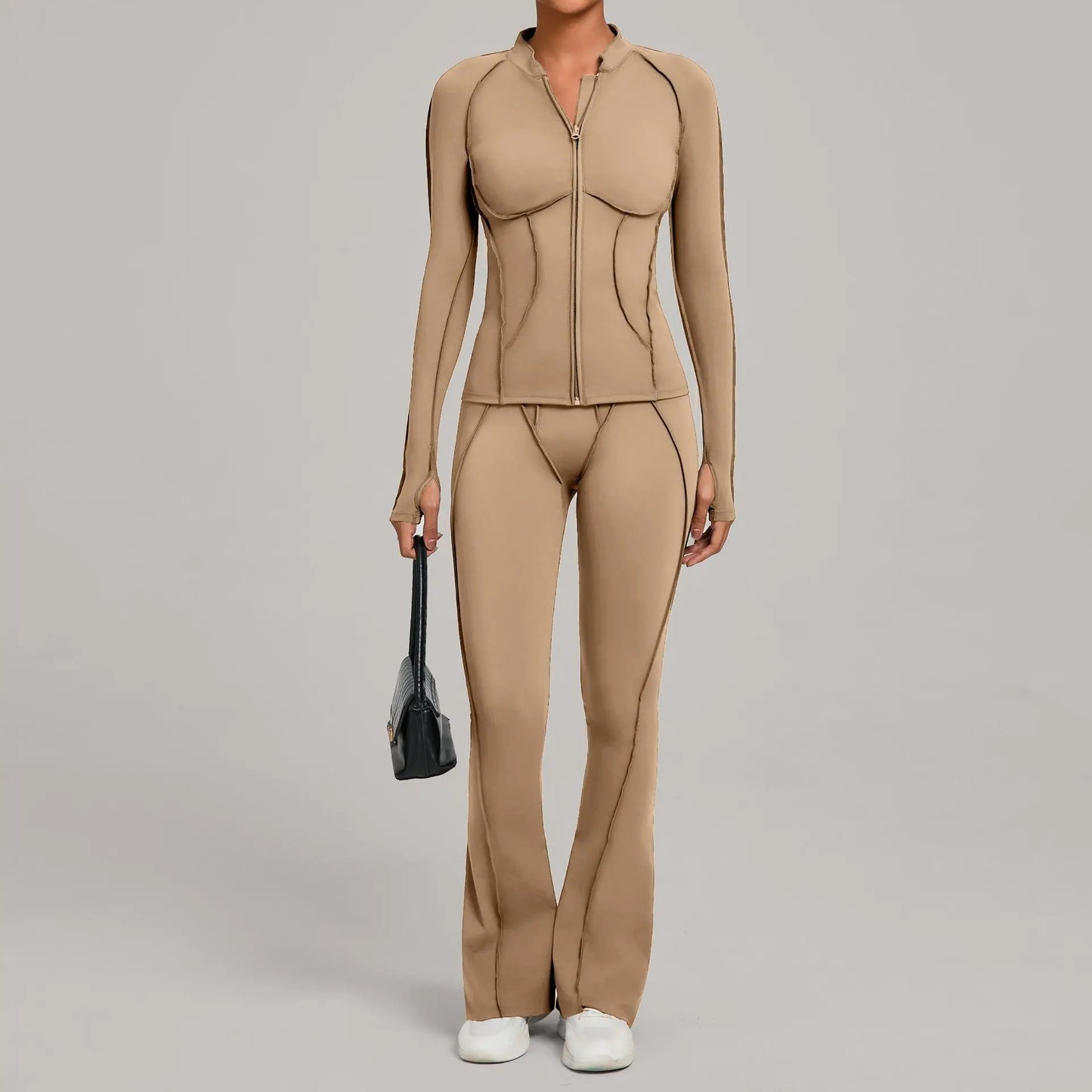 Gym Yoga Outfit Zipper Long Sleeve Fitness Suit Daily Casual Fitness Sportswear Two-Piece Sets