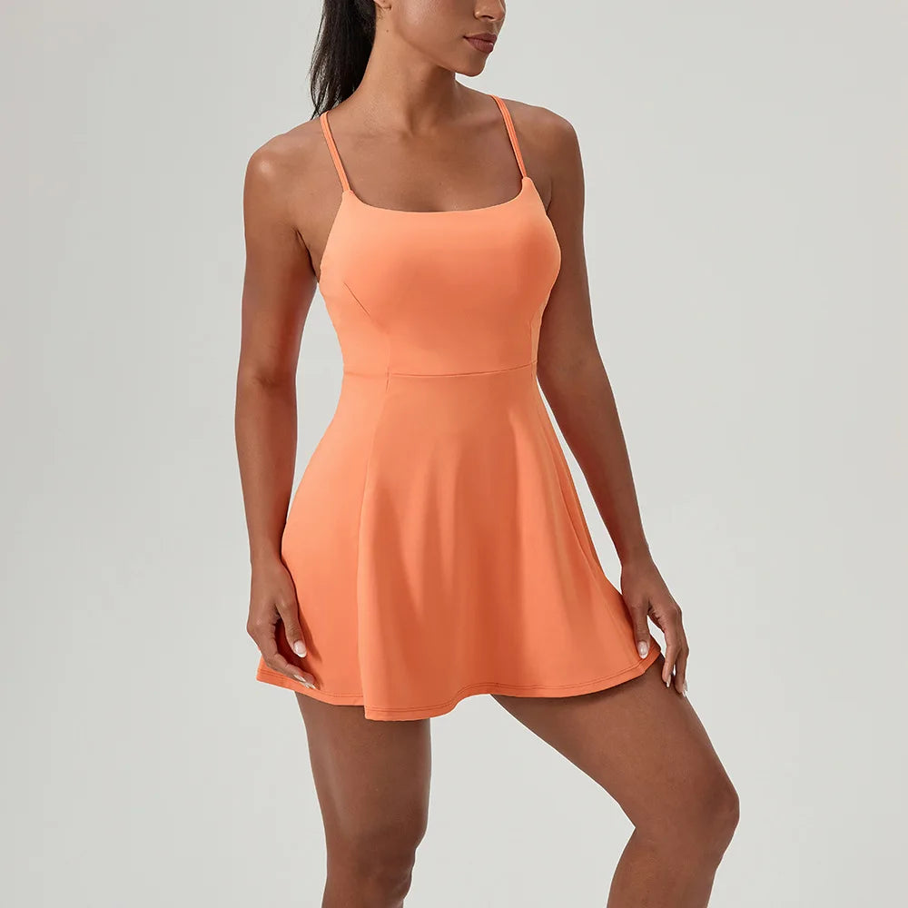 Tennis Dress Onesie with Built-in Bra Pad, Nude Feel Quick Dry Sports Dress for Golf