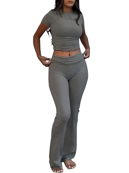 Casual Workout Two Piece Outfits Short Sleeve Crop High Waist Foldover Flare Pants Streetwear