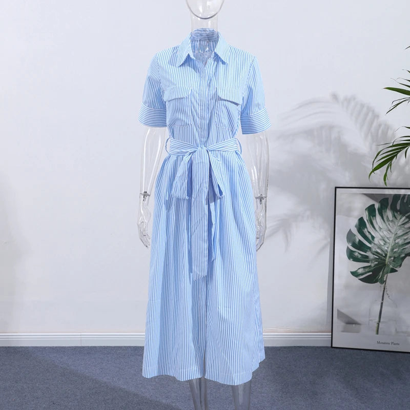 Casual Striped Women Summer Dress Lapel Single Breast Half Sleeve Slim Waist Long Dresses 2026 Autumn Lady Fashion Vacation Robe